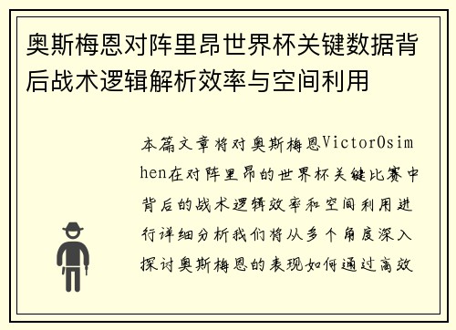 奥斯梅恩对阵里昂世界杯关键数据背后战术逻辑解析效率与空间利用