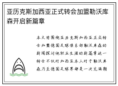 亚历克斯加西亚正式转会加盟勒沃库森开启新篇章